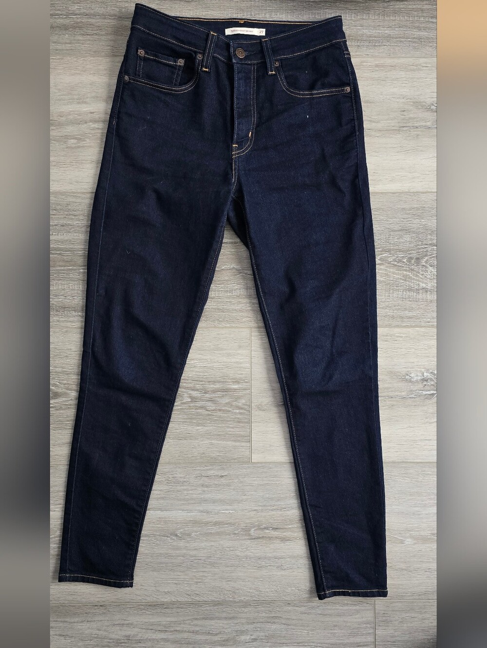 Levi's 721 High Rise Skinny Navy Blue Denim Jeans with Tan Patch